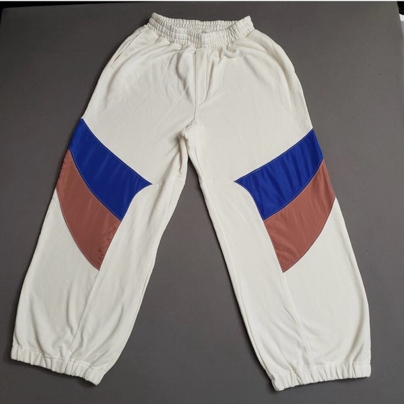 FP Movement by Free People Pants - FP Movement by Free People Cream Track Pants with Blue and Brown Panels